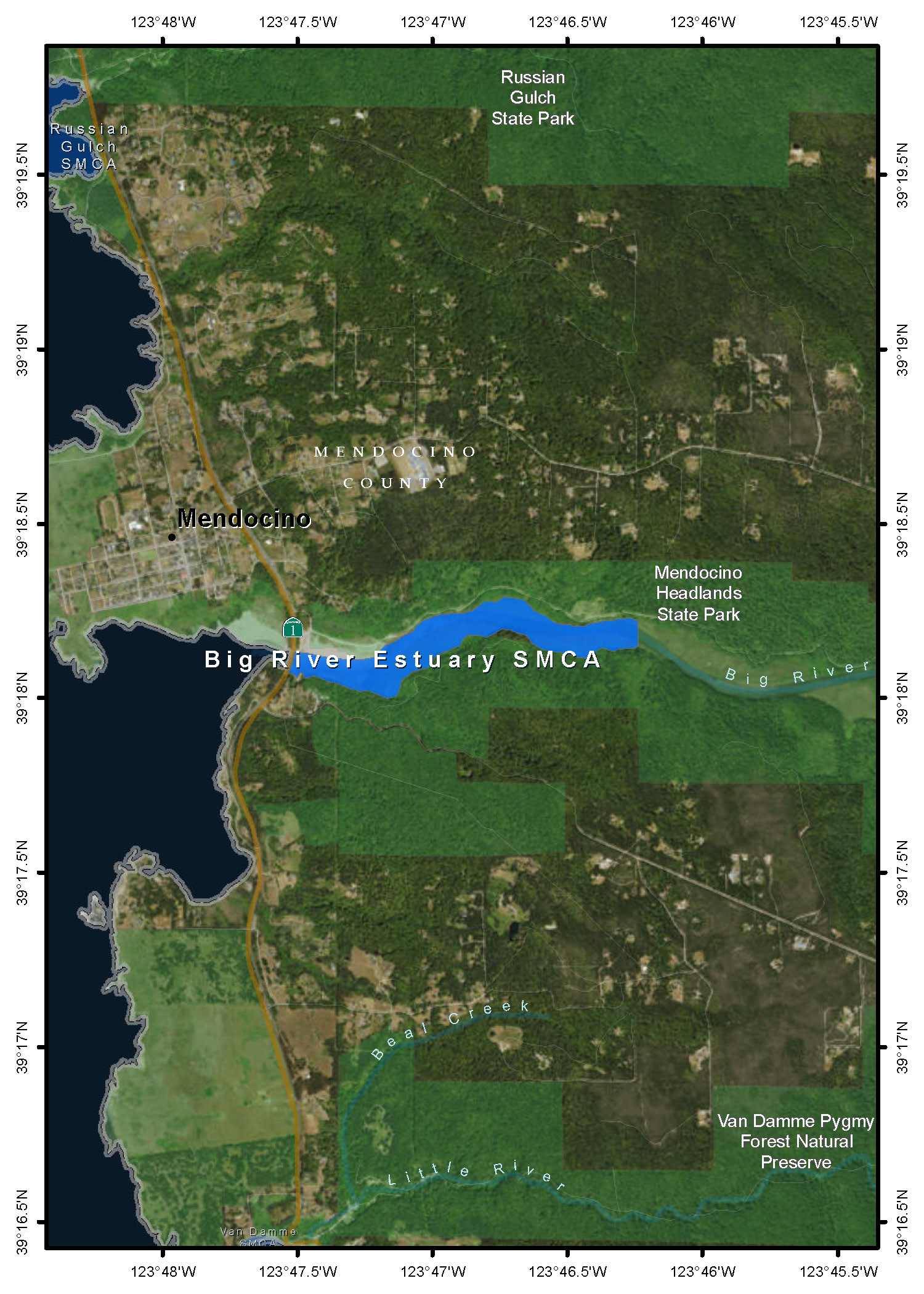 Map of Big River Estuary State Marine Conservation Area - click to enlarge in new tab